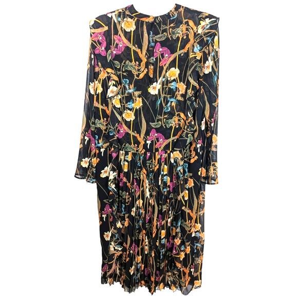 Aritzia Little Moon Midi Dress Dark Floral Sheer Ruffle Key Hole Back Pleated L - Picture 1 of 10